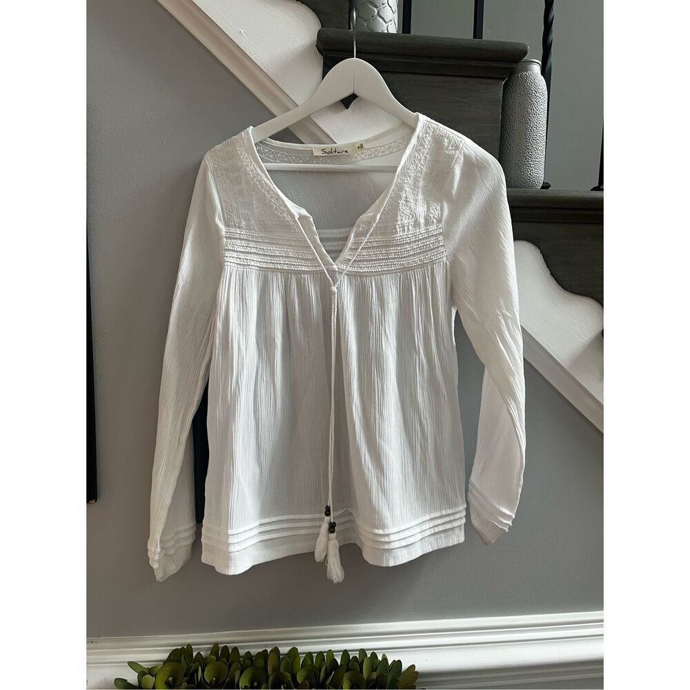 Solitaire White Embroidered Tassel Tie Boho Peasant Blouse Top sz S EUC